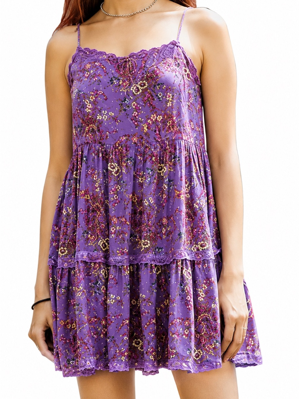 Urban Outfitters Purple Floral Tiered Mini 0707 Dress floral scallop small